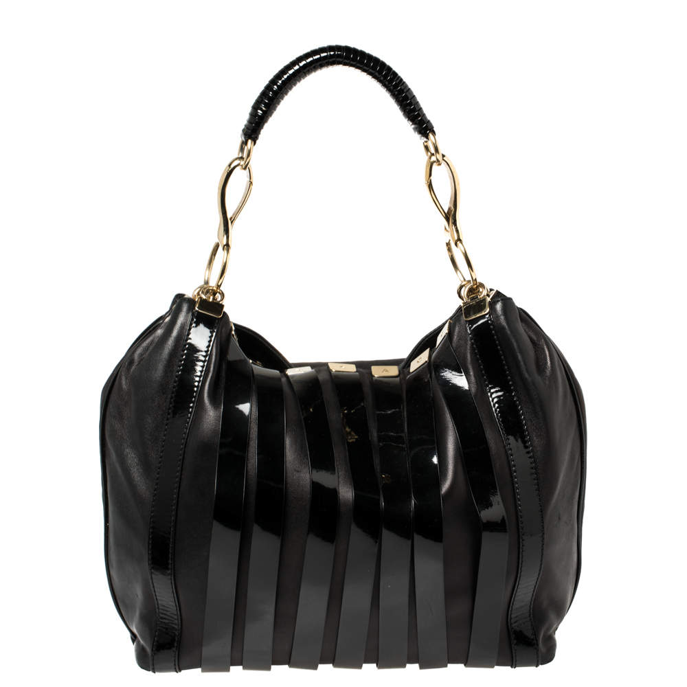 Versace Black Patent and Leather Stripe Logo Hobo
