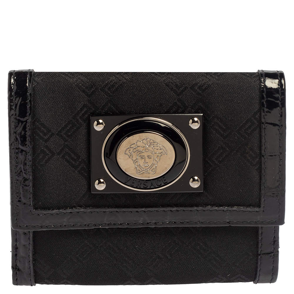 Pre Owned Versace Black Signature Nylon and Croc Embossed Patent Leather Flap Compact Wallet