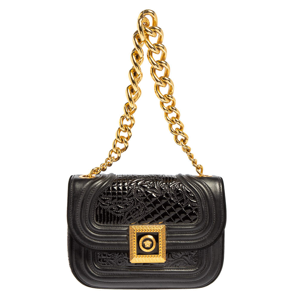 Pre Owned Versace Black Leather and Patent Leather Chain Flap Shoulder Bag