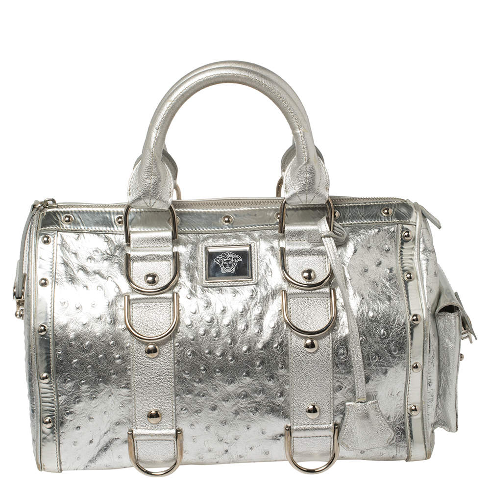 Versace Silver Ostrich Embossed Leather Snap Out Of It Satchel