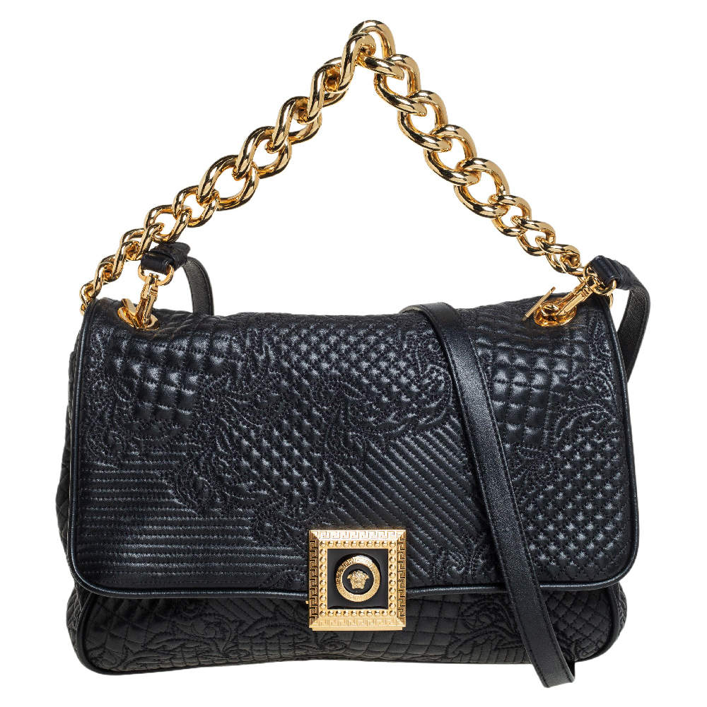 Pre Owned Versace Black Barocco Leather Flap Shoulder Bag