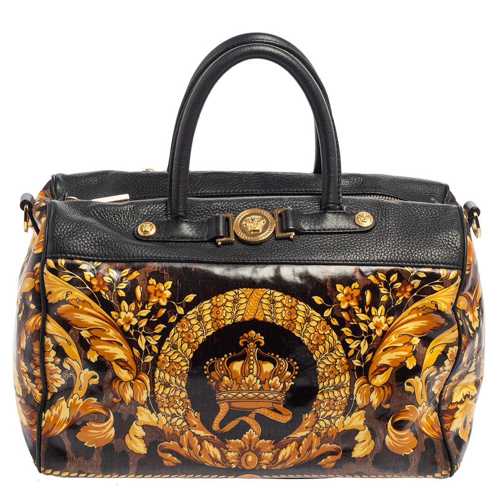 Pre Owned Versace Black/Gold Barroco Print Coated Canvas and Leather Medusa Icon Boston Bag