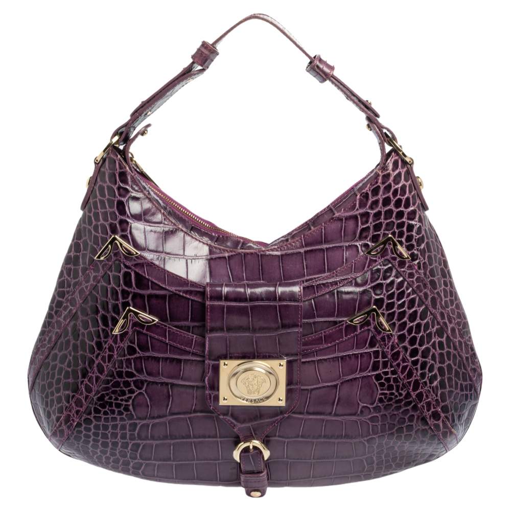 مملوكة مسبقًا Versace Purple Croc Embossed Leather Hobo