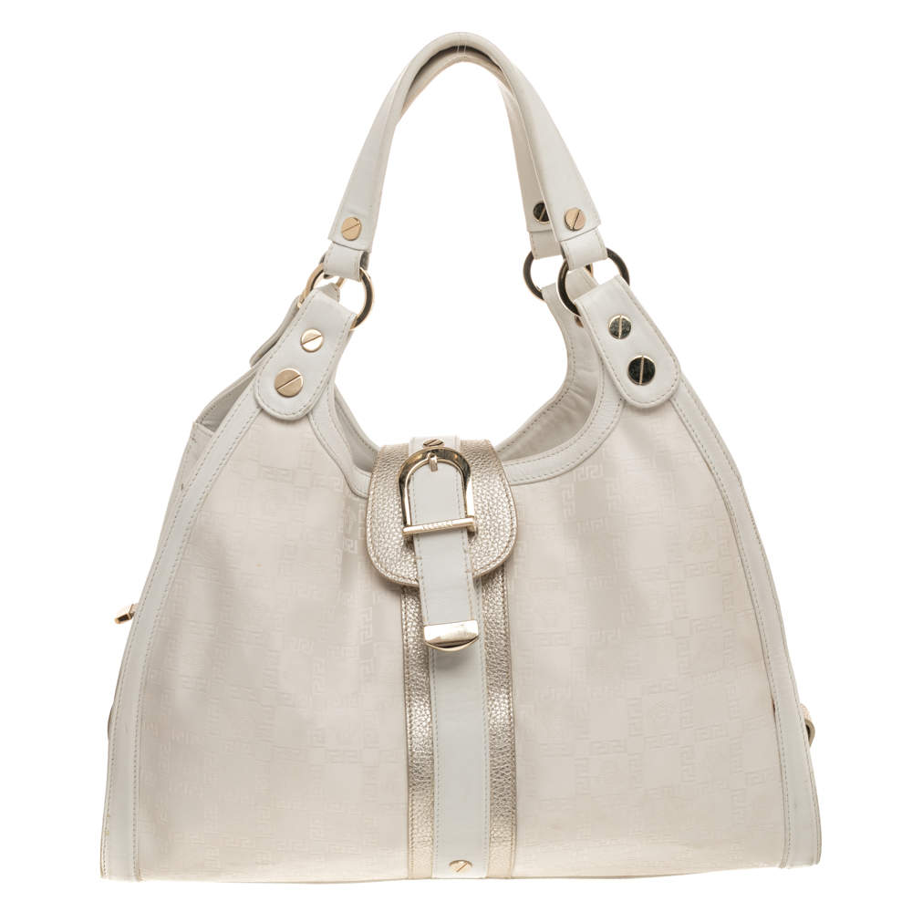 Versace White Signature Canvas And Leather Buckle Hobo