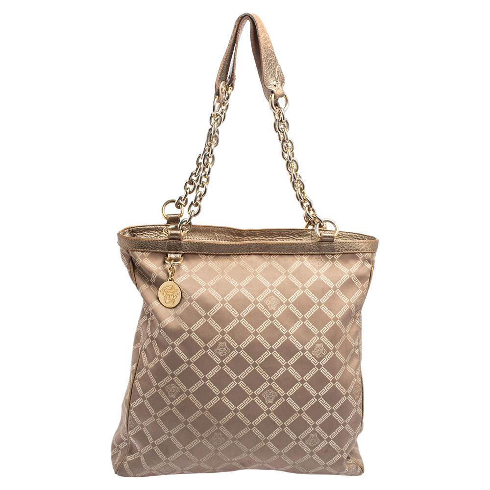 Pre Owned Versace Dark Beige Signature Fabric and Leather Chain Tote