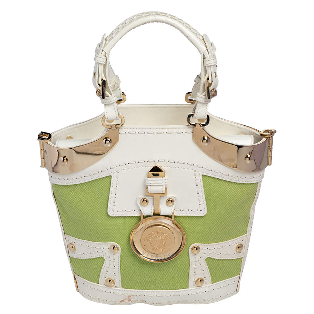 Pre Owned Versace Green/White Patent Leather And Canvas Tote
