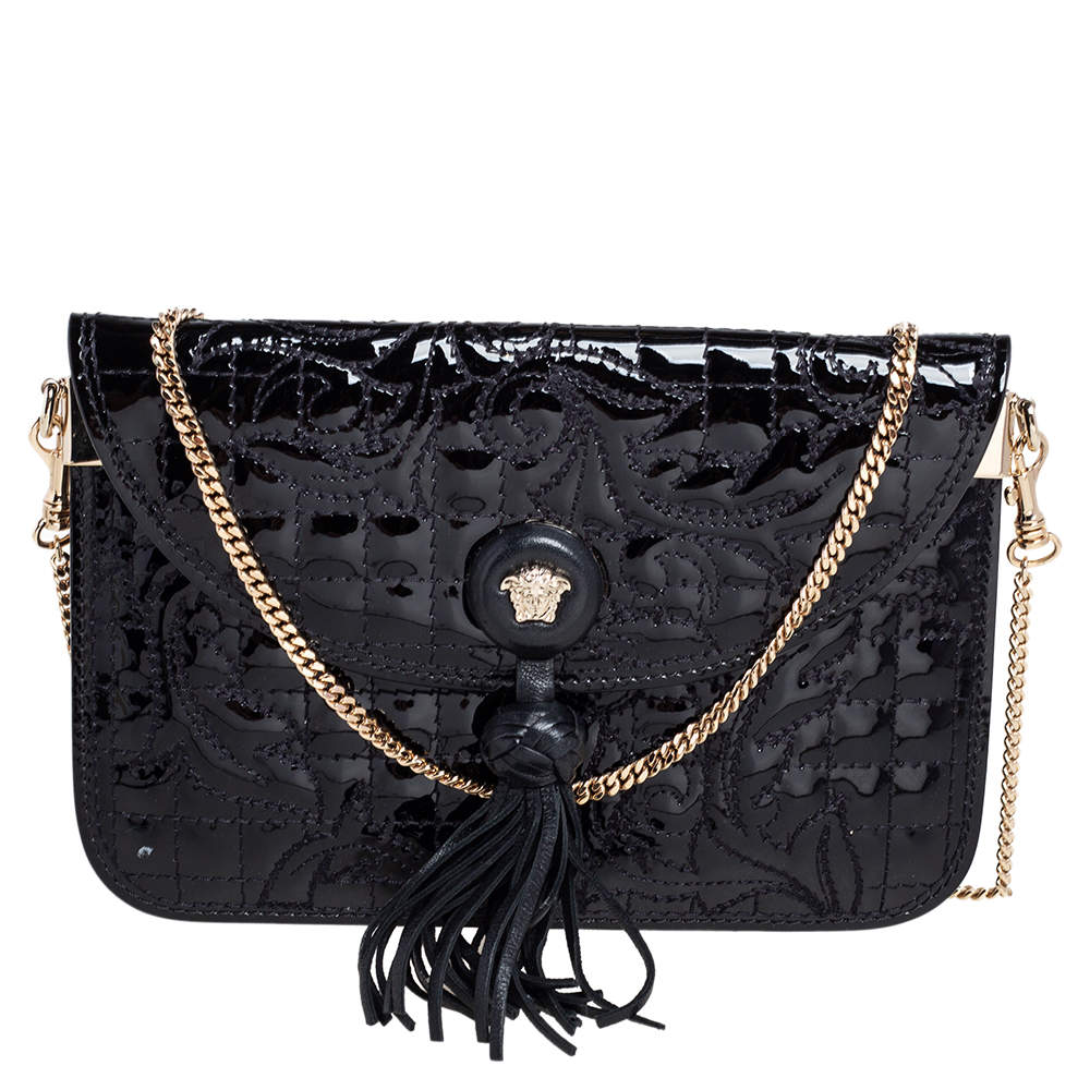Pre Owned Versace Black Patent Leather Medusa Chain Clutch