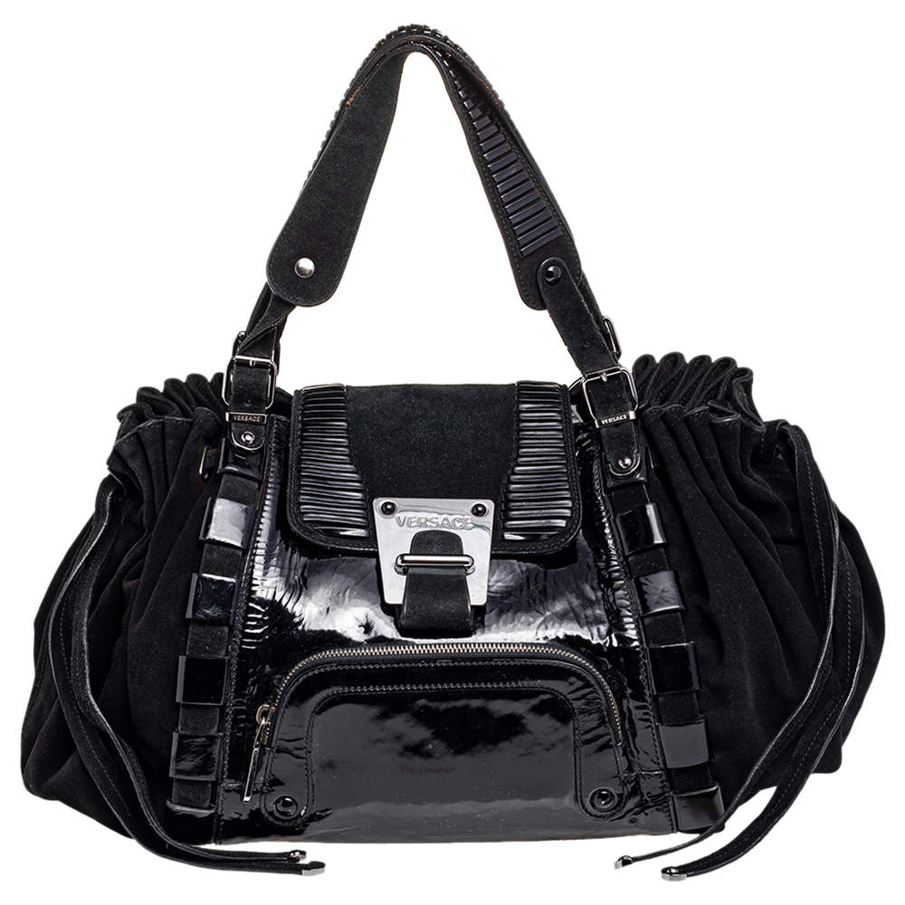 Versace Black Patent Leather And Suede Flap Tote