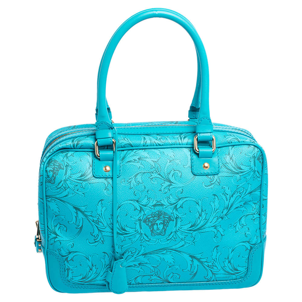 Pre Owned Versace Turquoise Printed Coated Canvas and Leather Zip Boston Bag