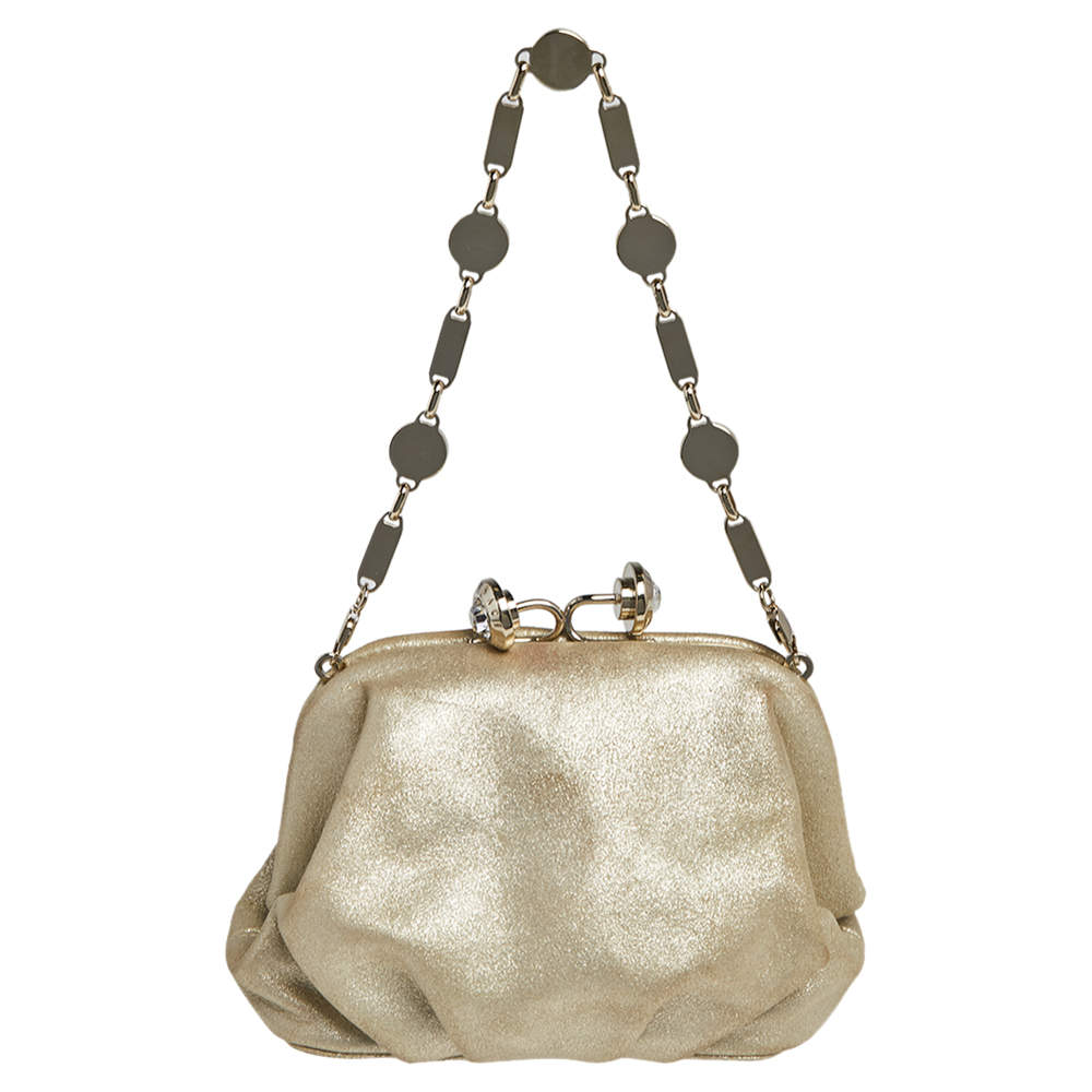 Pre Owned Versace Metallic Gold Leather Kiss Lock Chain Pochette