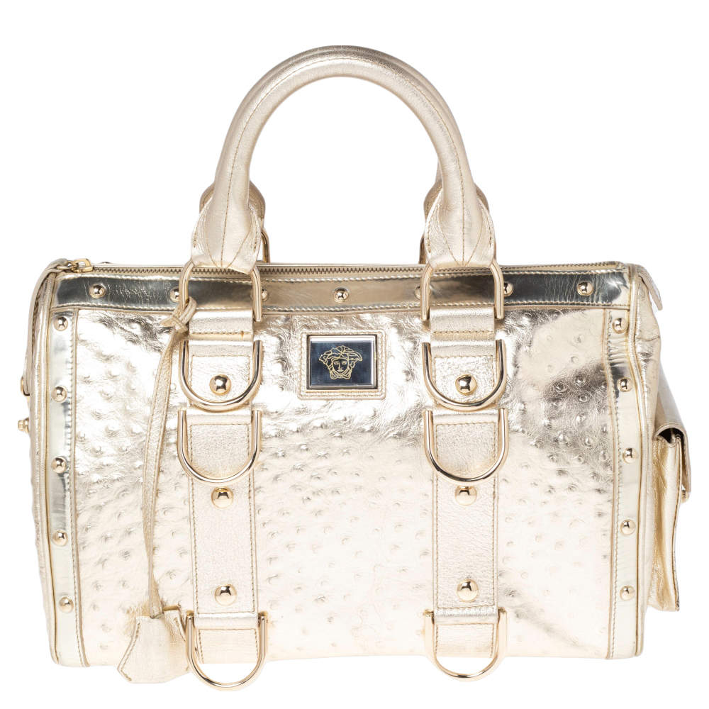 Versace Metallic Gold Ostrich Embossed Leather Snap Out Of It Satchel