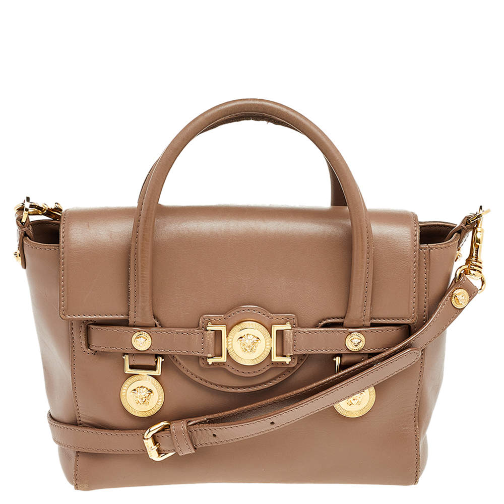 Pre Owned حقيبة يد فيرساتشي ميدالية ميدوسا جلد بيج داكن صغيرة