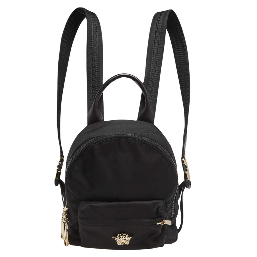 Pre Owned Versace Black Nylon and Leather Trim Mini Medusa Backpack