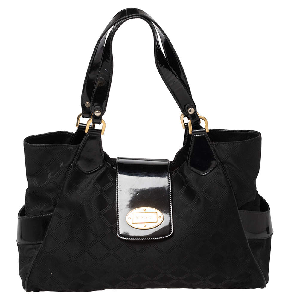 Pre Owned Versace Black Monogram Nylon and Patent Leather Logo Plague Flap Tote
