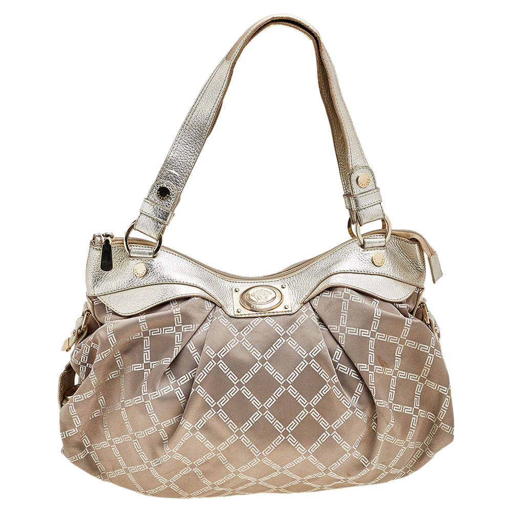 Pre Owned Versace Gold Monogram Fabric And Leather Logo Plate Hobo