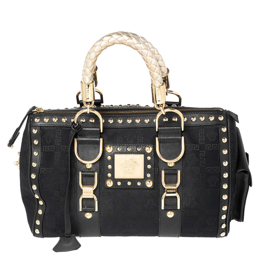 Pre Owned Versace Black Fabric and Leather Trim Snap Out Of It Satchel