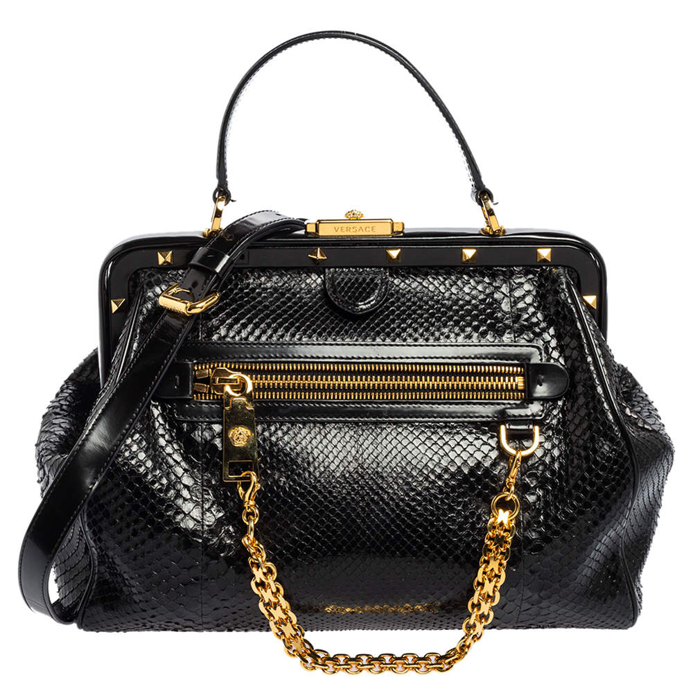 Versace Black Leather and Python Frame Studded Satchel Versace | The ...