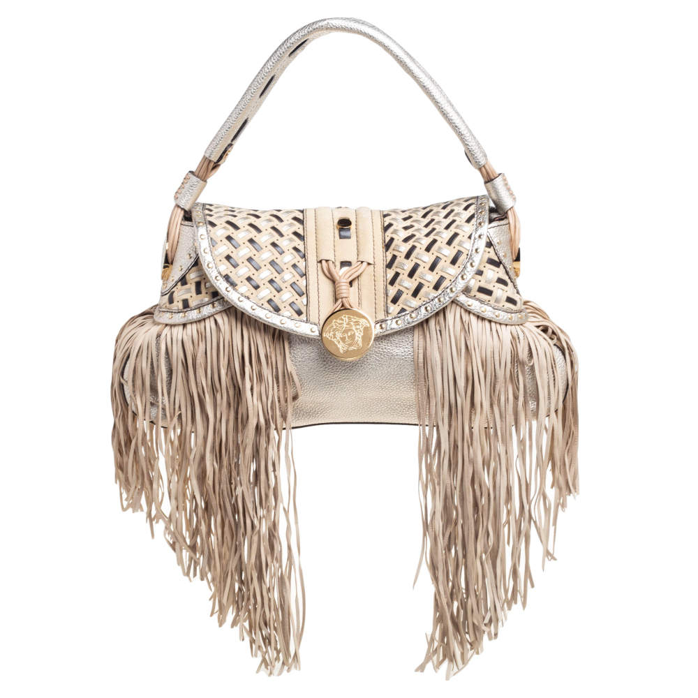 Pre Owned Versace Silver/Beige Woven Leather And Suede Medusa Fringe Shoulder Bag
