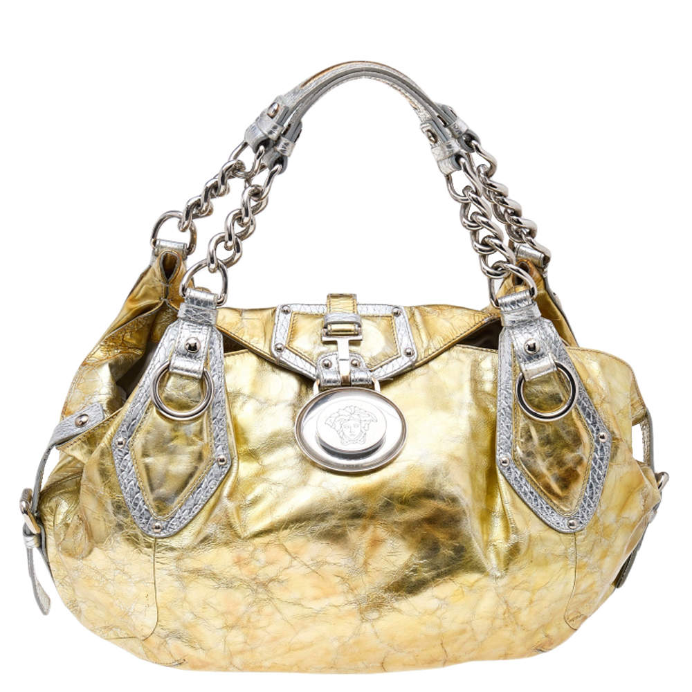 Pre Owned Versace Gold/Silver Leather Satchel
