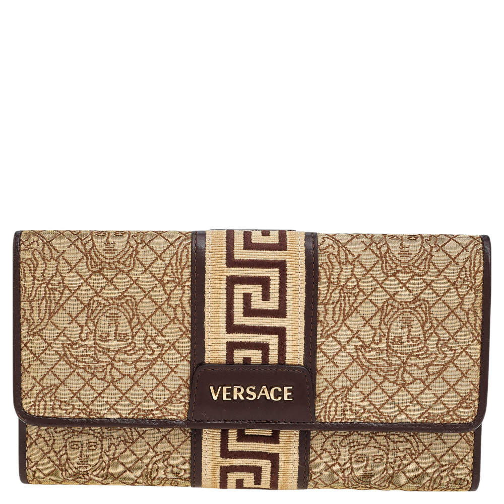 Pre Owned Versace Beige/Brown Medusa Canvas And Leather Continental Wallet
