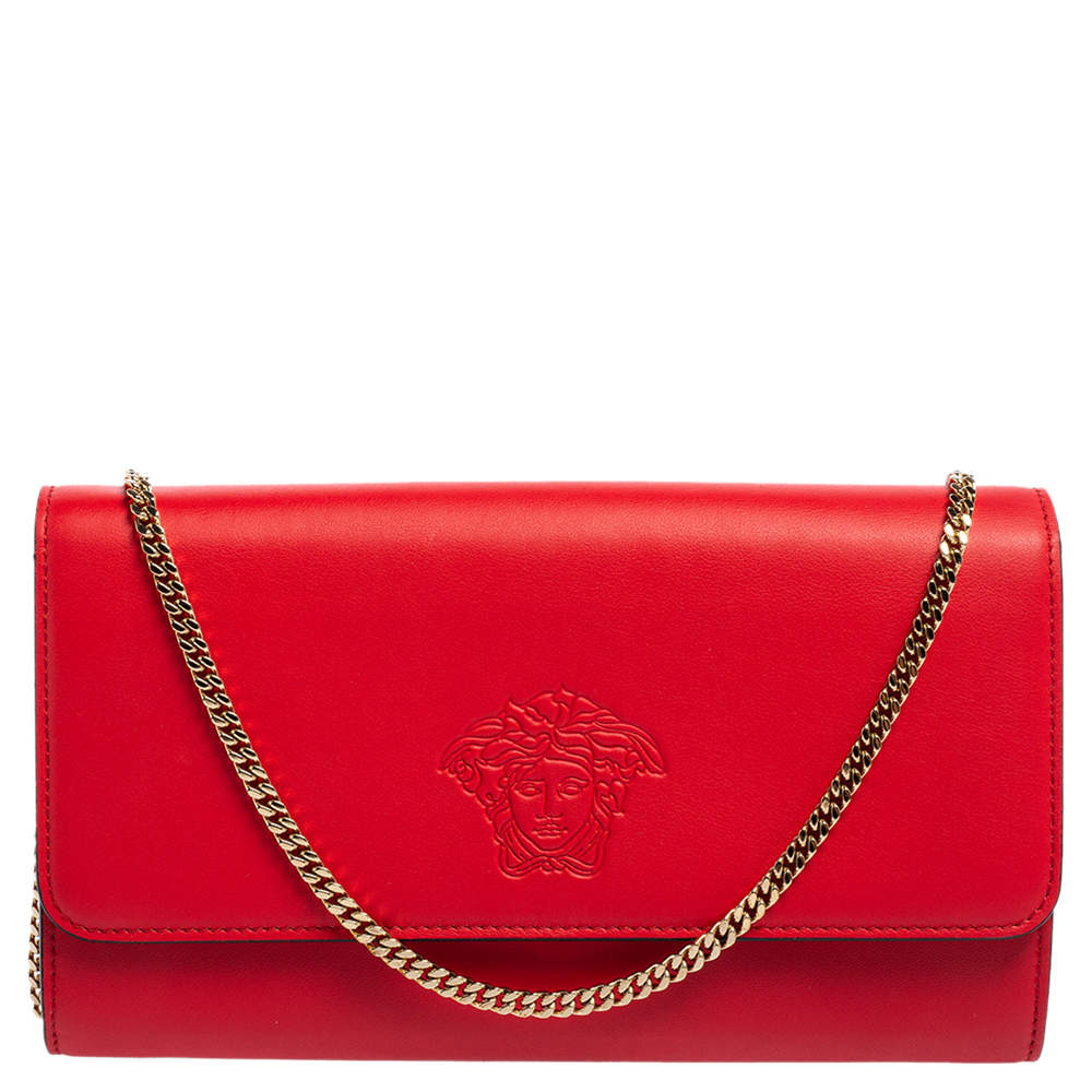 Pre Owned Versace Red Leather Flap Wallet On Chain 