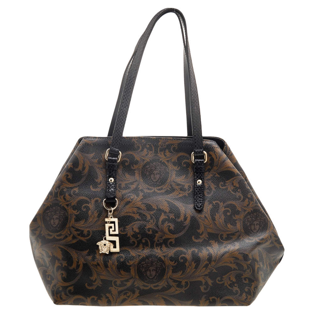 Pre Owned Versace Black/Brown Medusa Floral Printed Coated Canvas & Snakeskin Leather Tote