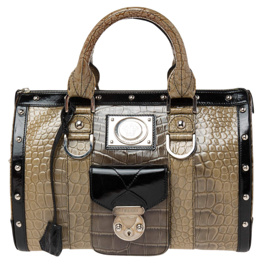 Pre Owned Versace Black/Brown Ombre Croc Embossed Patent Leather Boston Bag