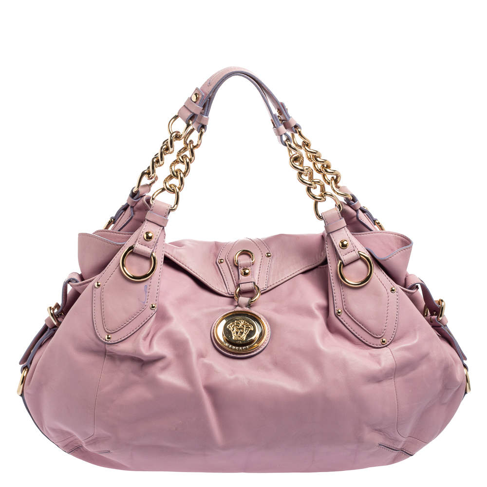Pre Owned Versace Lilac Leather Medusa Flap Chain Hobo