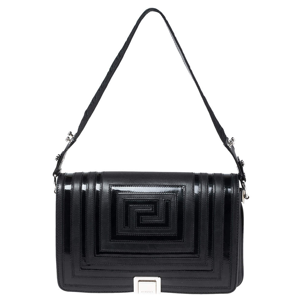 Pre Owned Versace Black Quilted Patent and Leather Flap Shoulder Bag