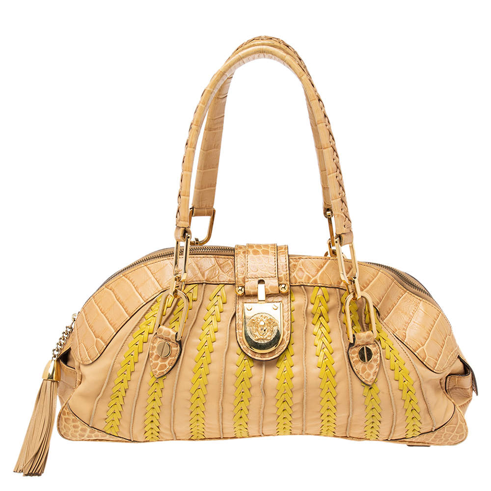 Pre Owned Versace Beige & Yellow Leather and Croc Embossed Leather Woven Detailed Bowler Bag