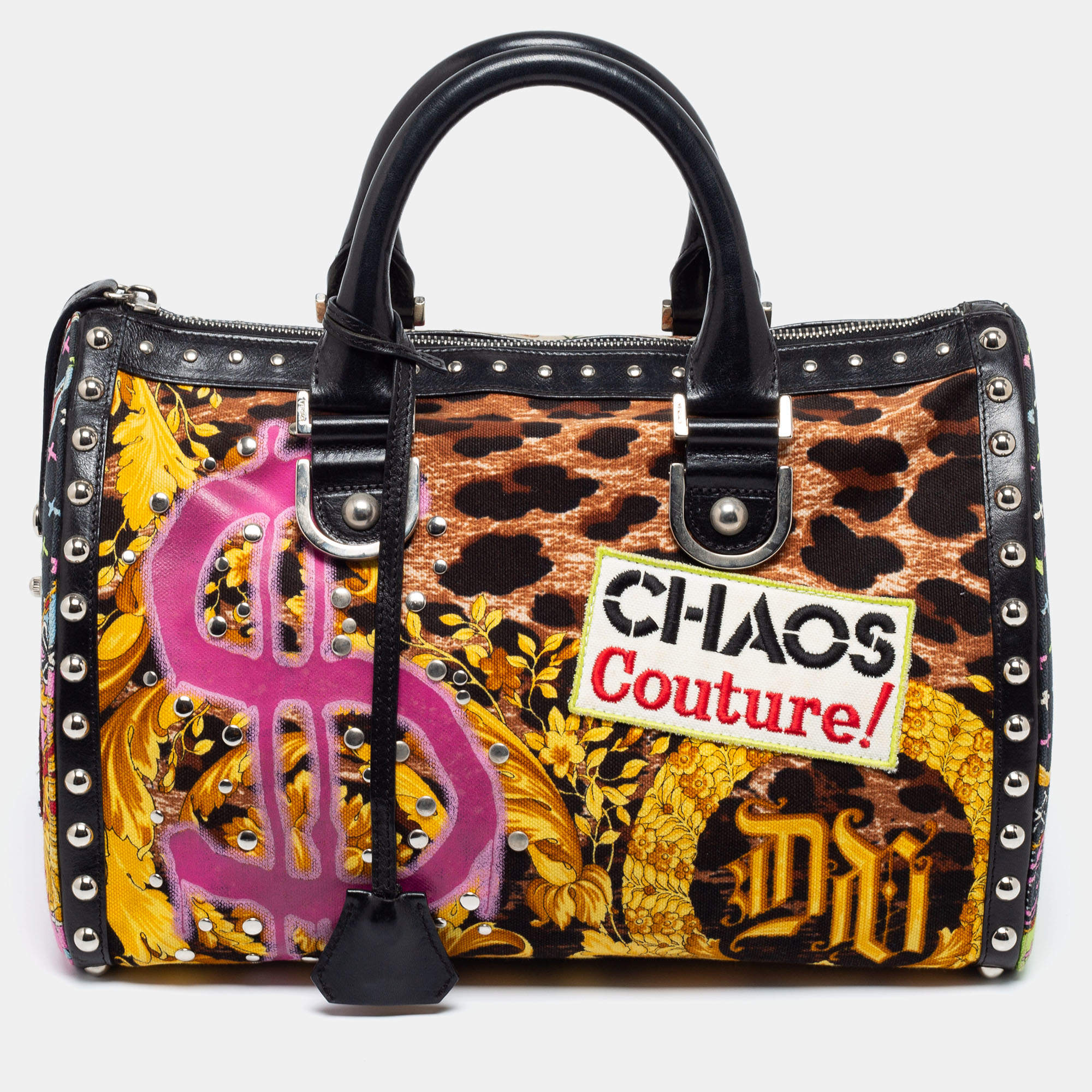 Pre Owned Versace Multicolor Archival Print Canvas and Leather Chaos Couture Studded Boston Bag
