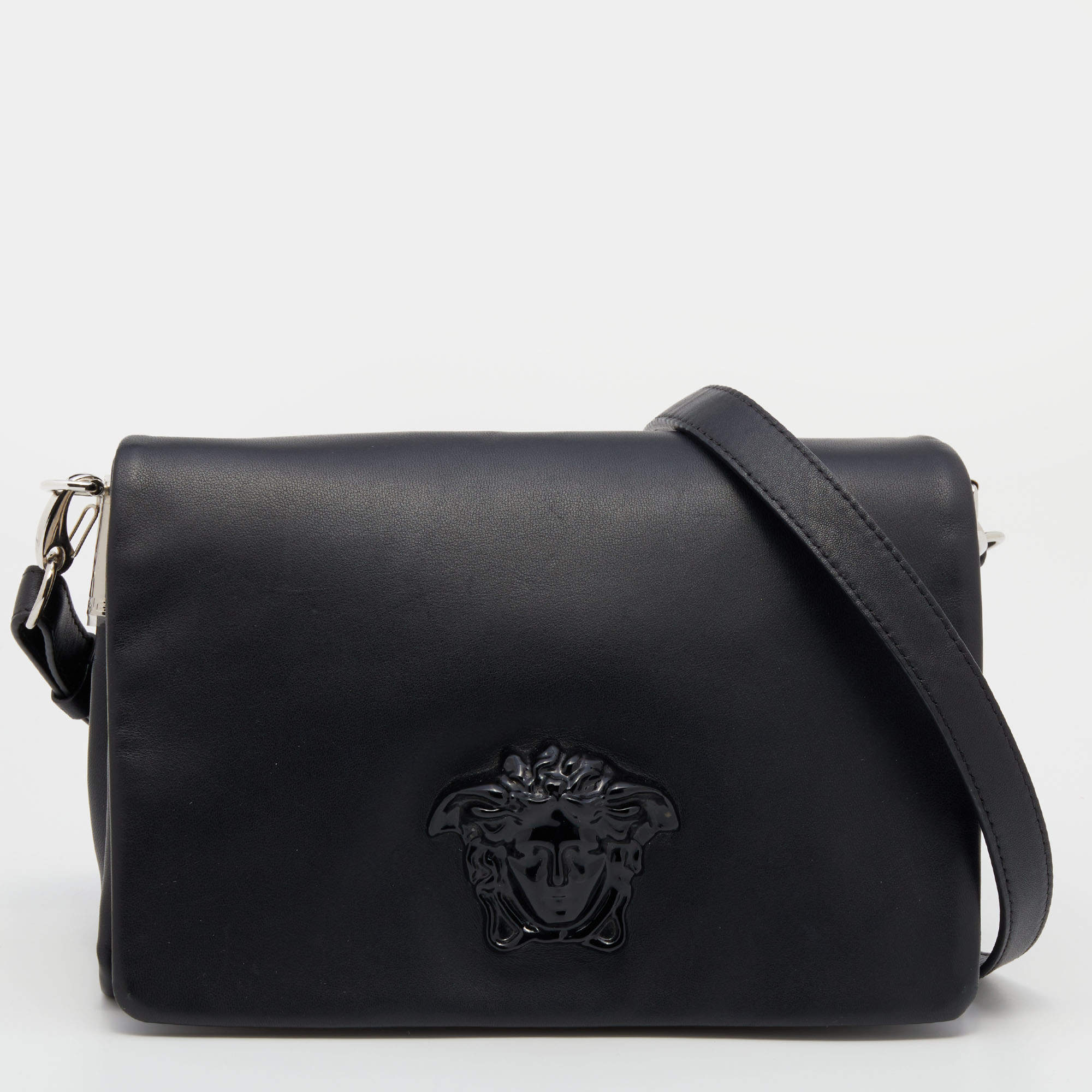 Pre Owned Versace Black Leather Medusa Crossbody Bag