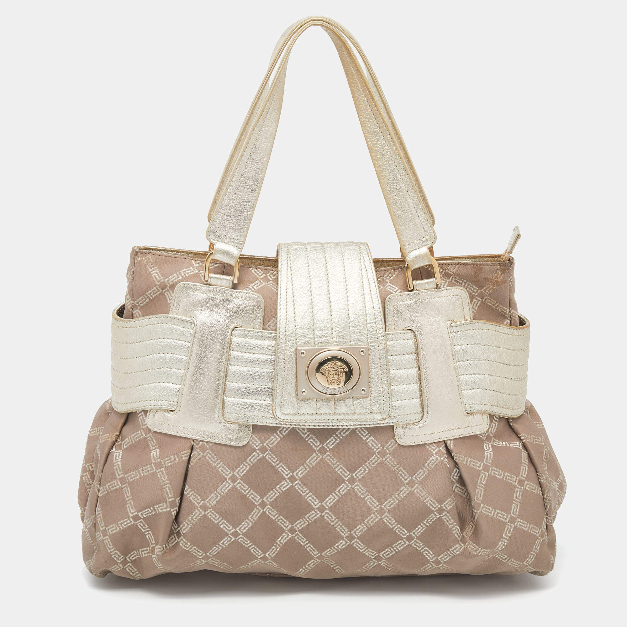 Pre Owned Versace Gold Signature Fabric and Leather Medusa Buckle Satchel