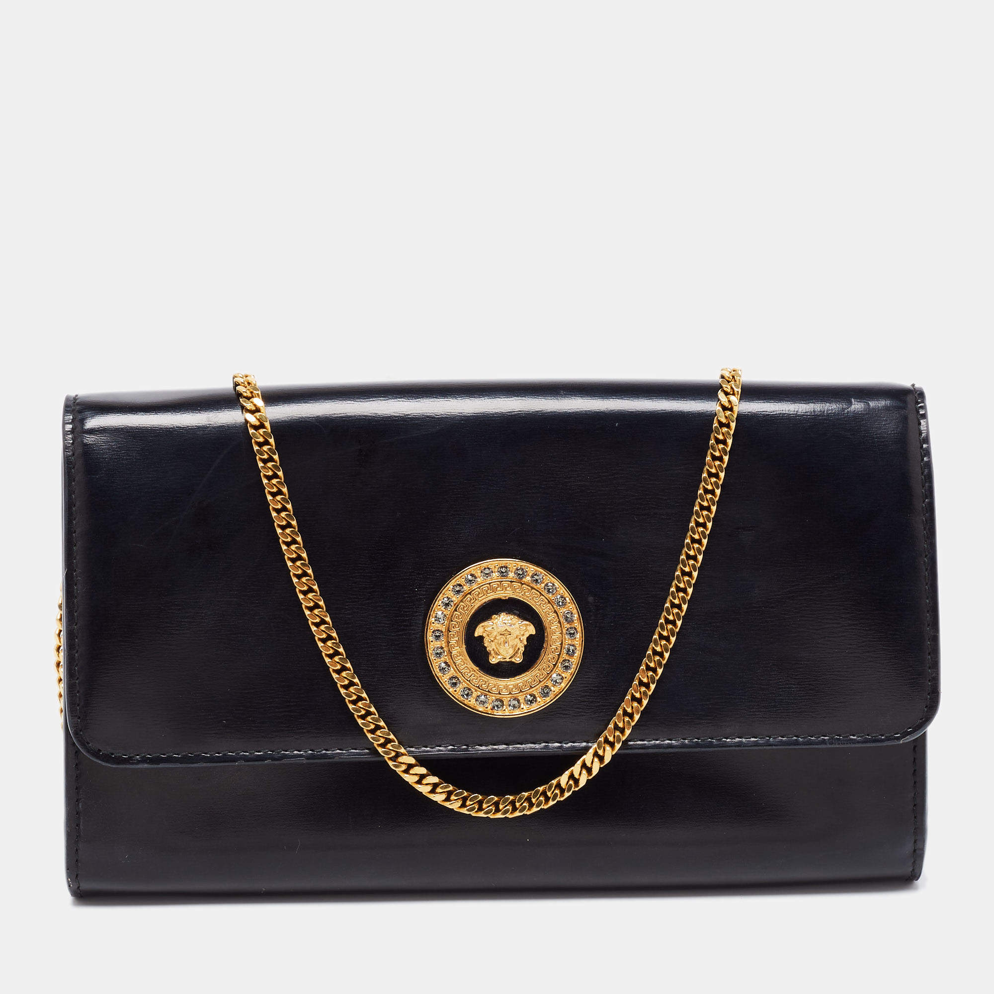 Pre Owned Versace Black Leather Medusa Chain Clutch