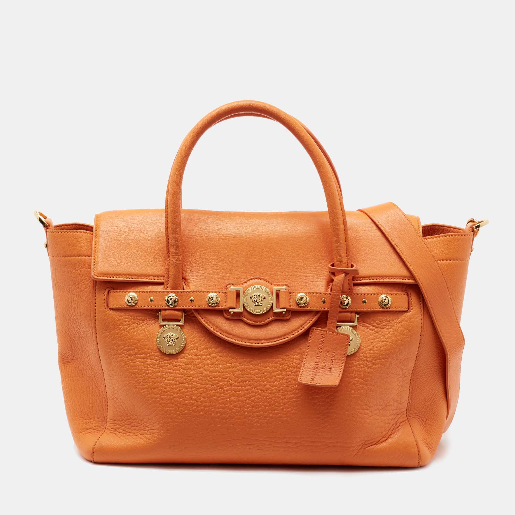 مملوكة مسبقًا Versace Orange Leather Medusa Medallion Tote