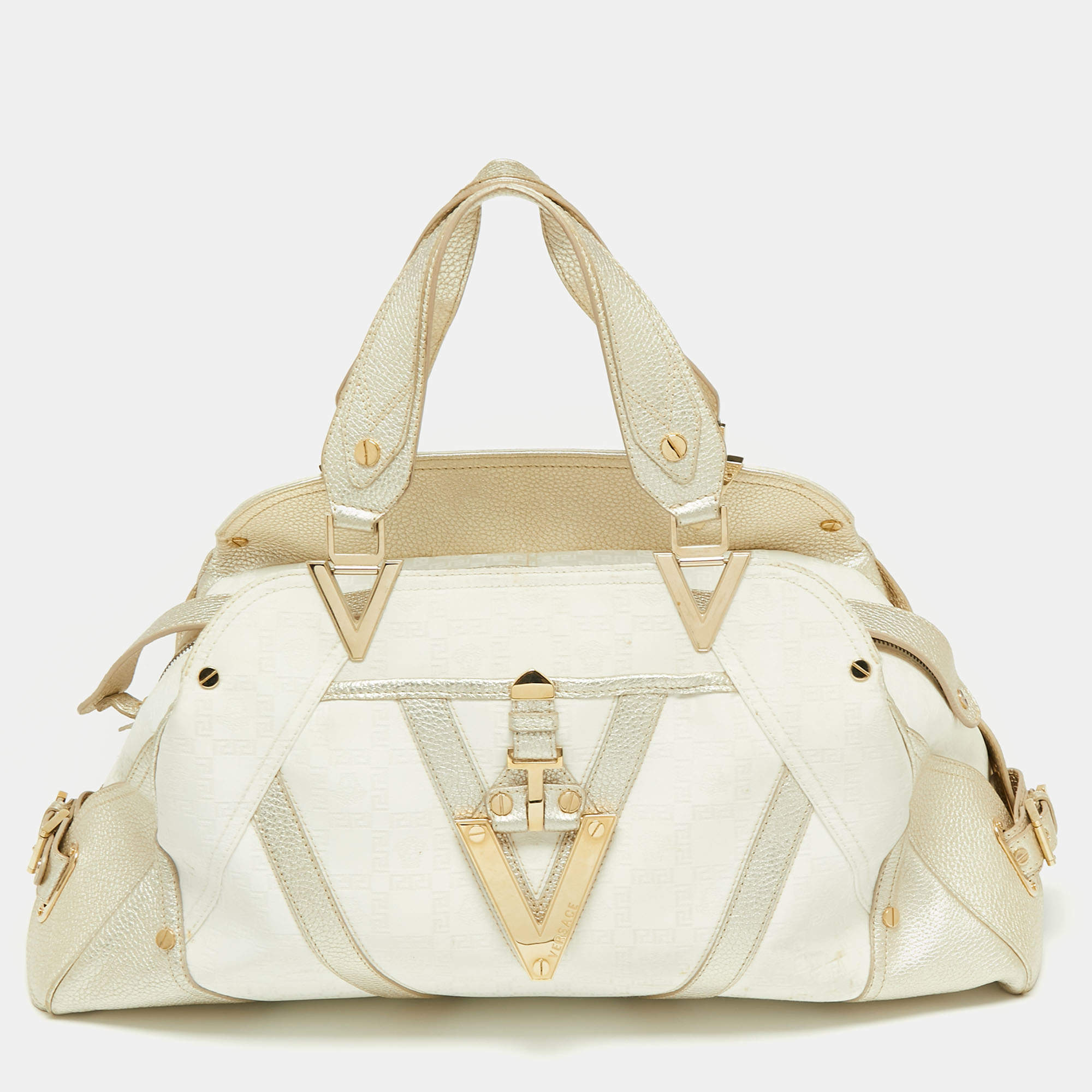 Pre Owned Versace Gold/White Monogram Fabric and Leather V Satchel 