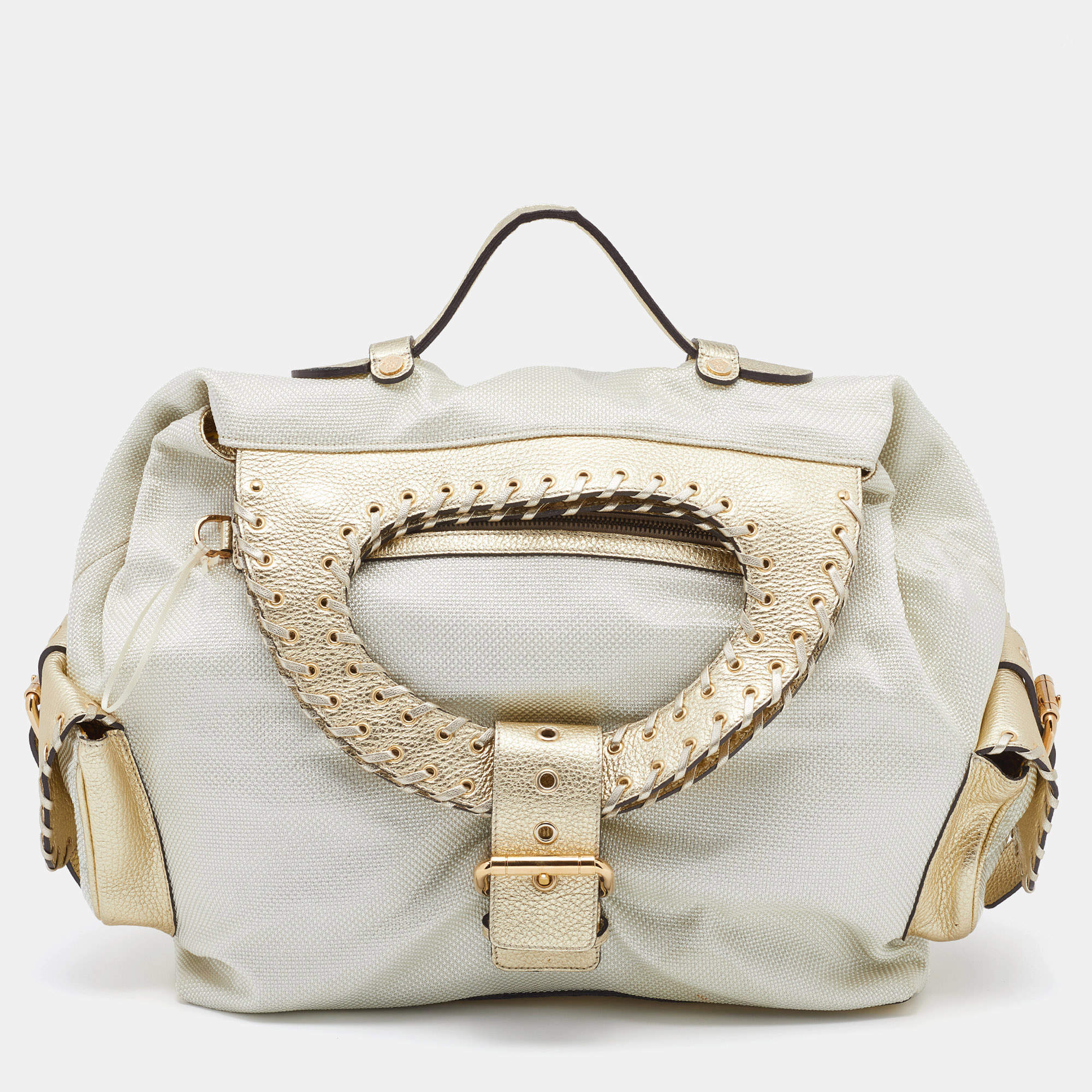 مملوكة مسبقًا Versace Metallic Light Beige/Gold Technical Fabric and Leather Satchel
