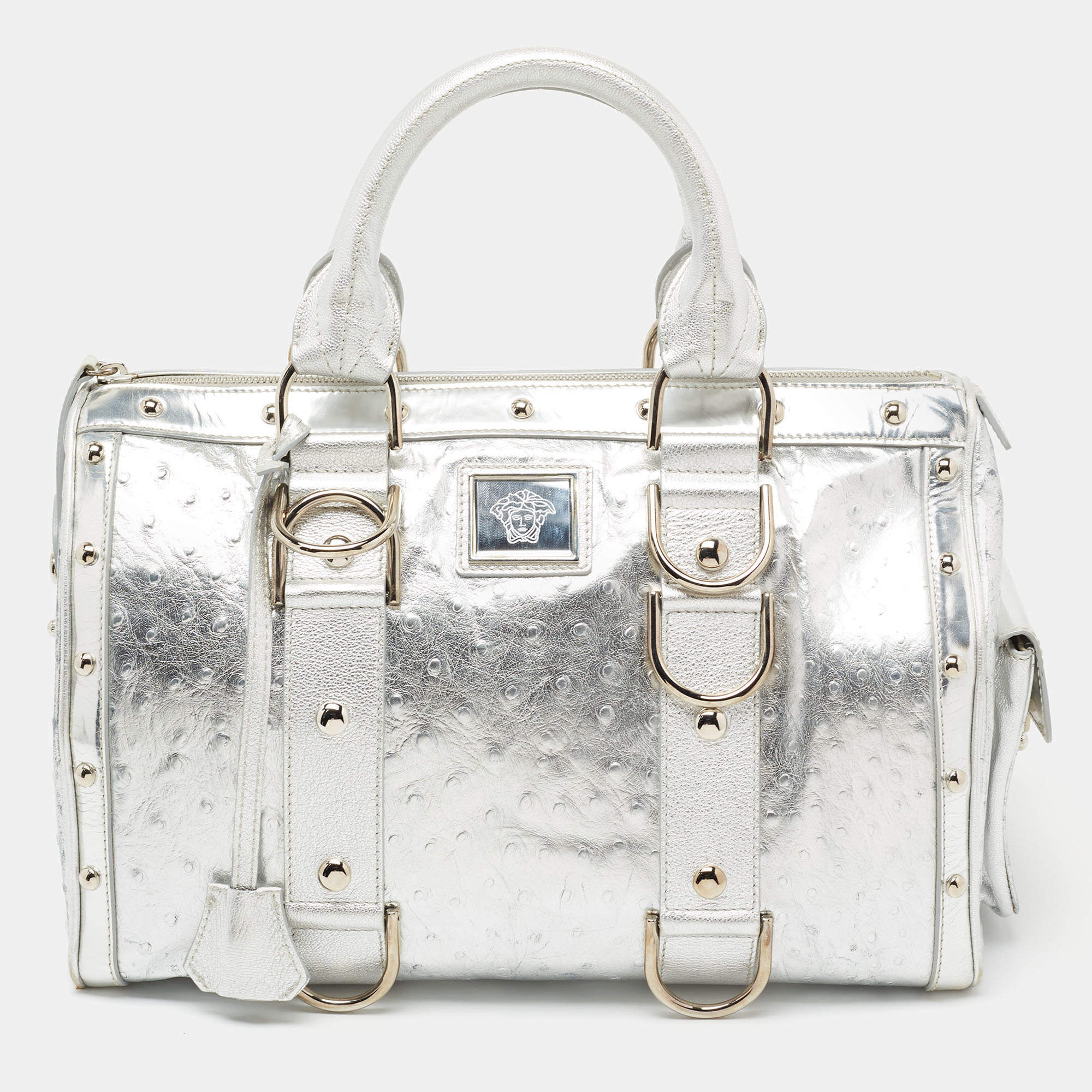 Pre Owned Versace Metallic Silver Ostrich Embossed Leather Snap Out Of It Satchel