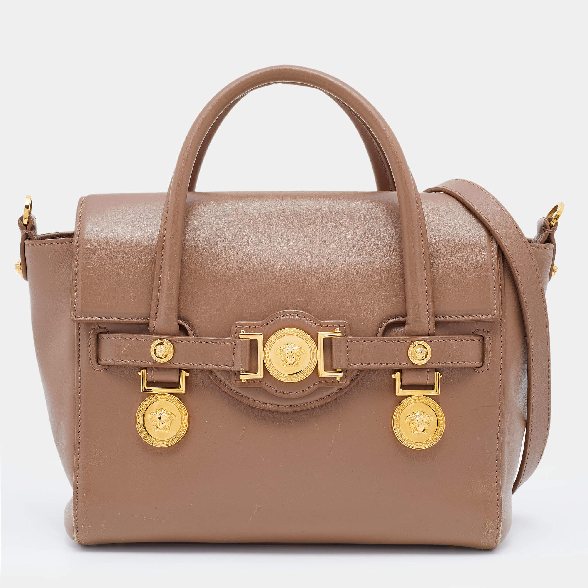 مملوكة مسبقًا Versace Dark Beige Leather Small Medusa Medallion Tote