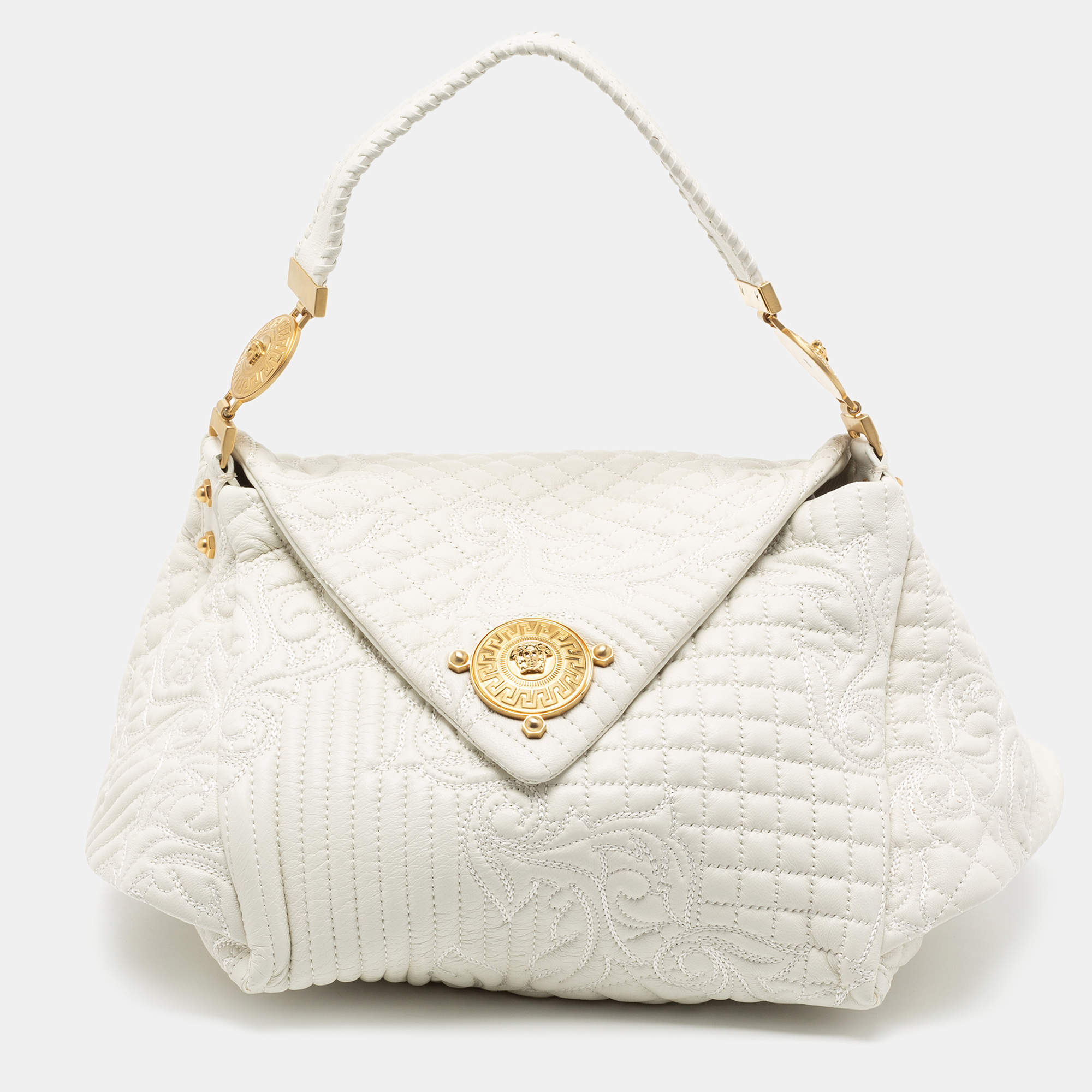 Pre Owned Versace White Quilted Leather Embroidered Barocco Shoulder Bag