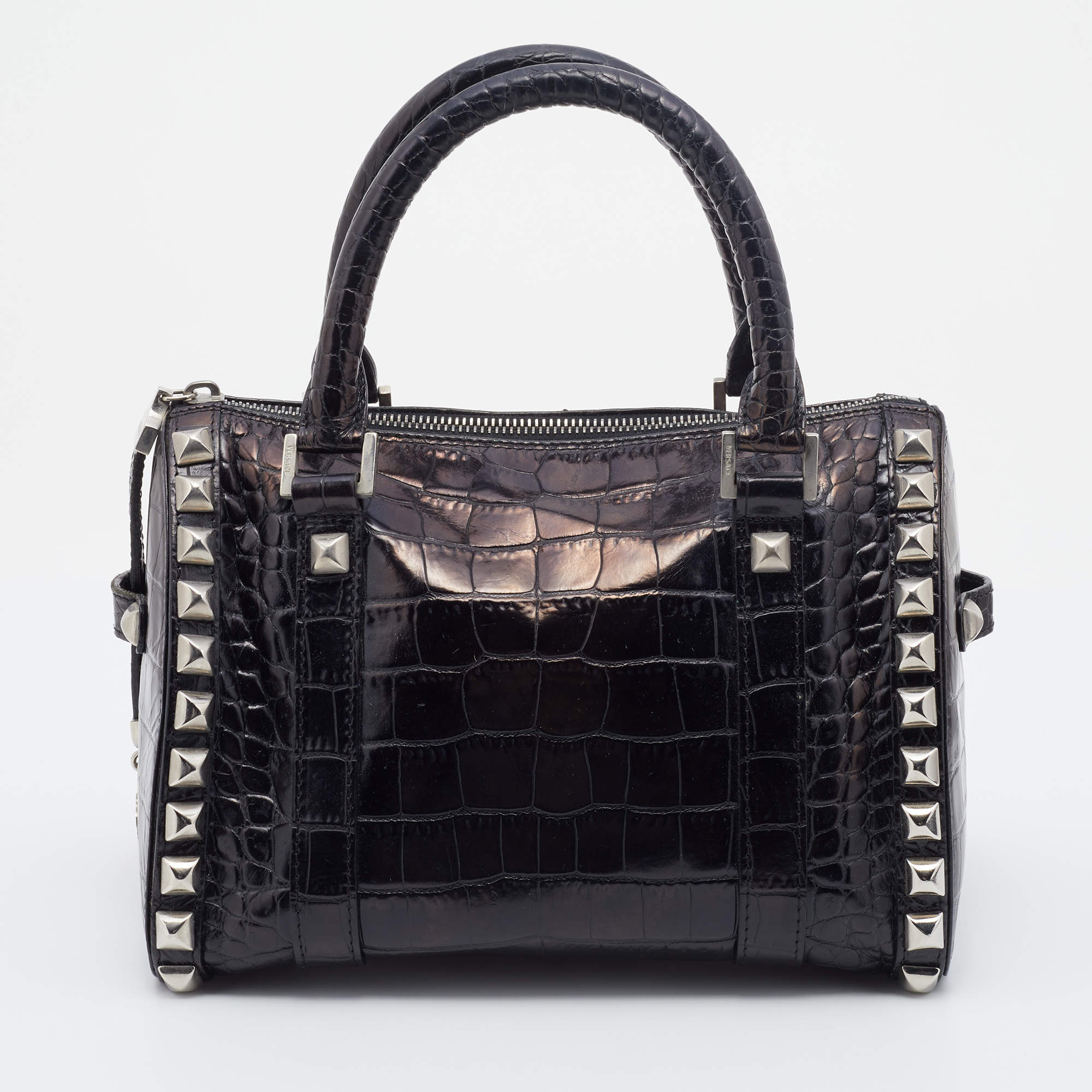 Pre Owned Versace Metallic Black Croc Embossed Leather Studded Satchel
