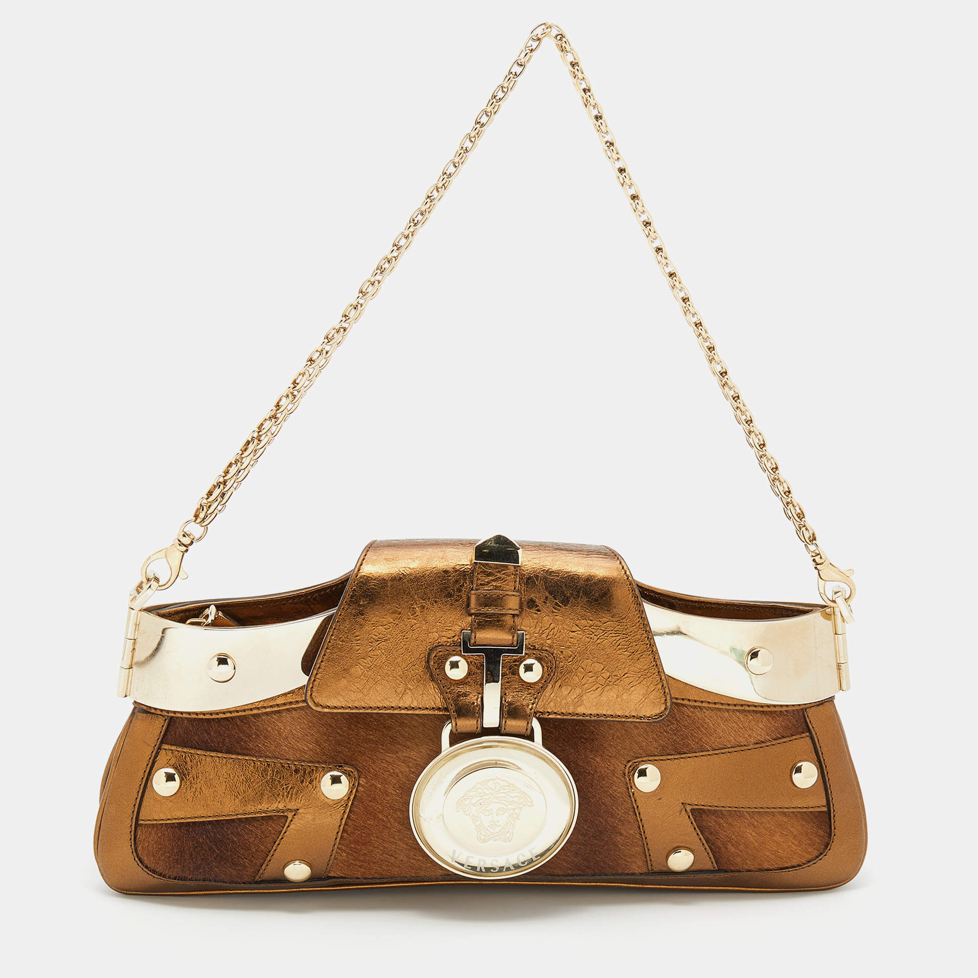 Pre Owned Versace Bronze Leather Trimmed and Calfhair Chain Shoulder Bag