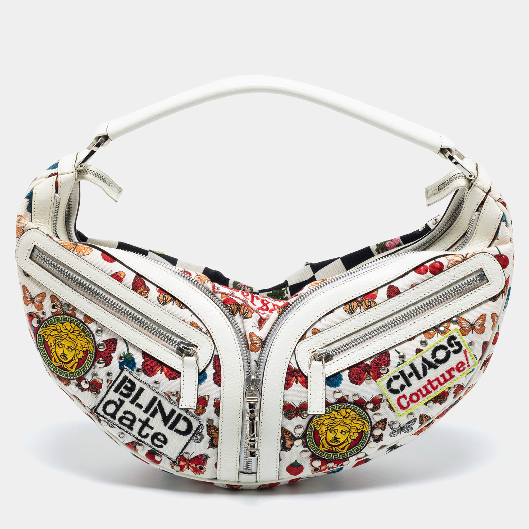 Pre Owned Versace White/Black Printed Canvas,and Leather Shoulder Bag