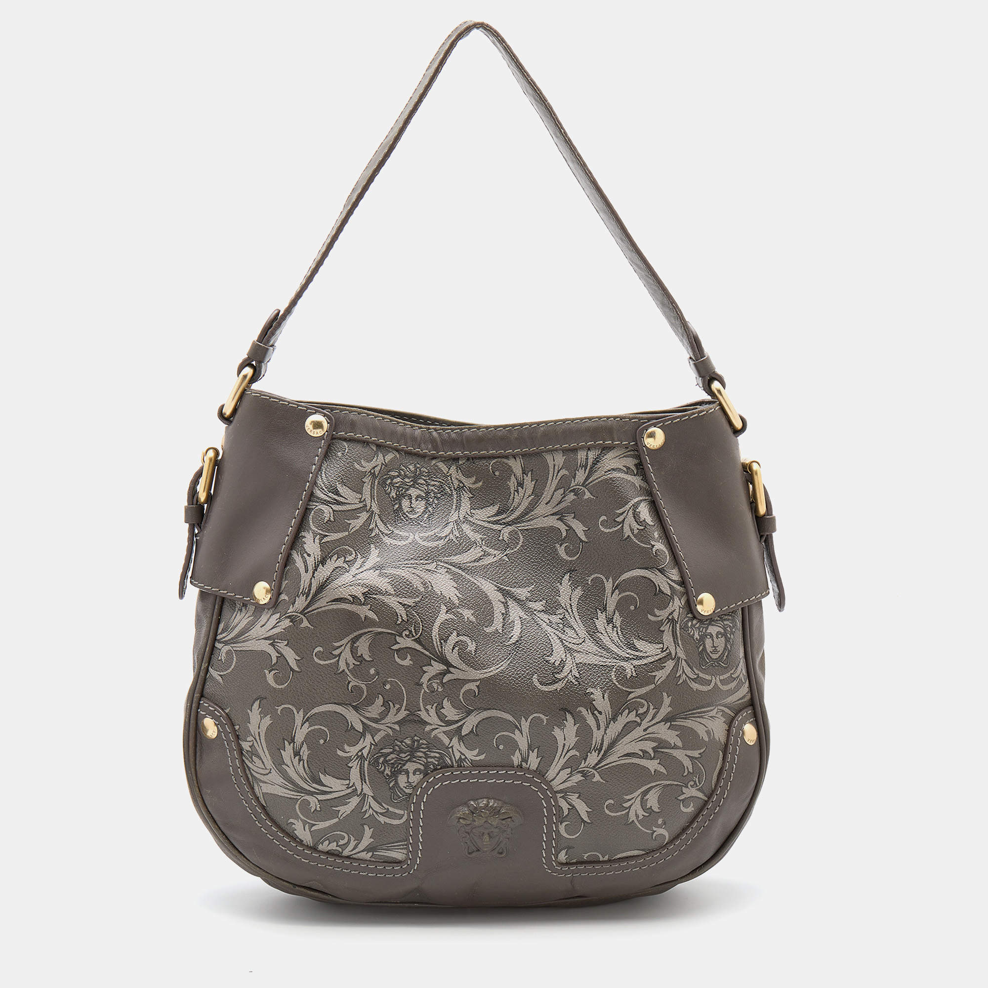 Pre Owned Versace Grey Leather Majolica Print Medusa Hobo