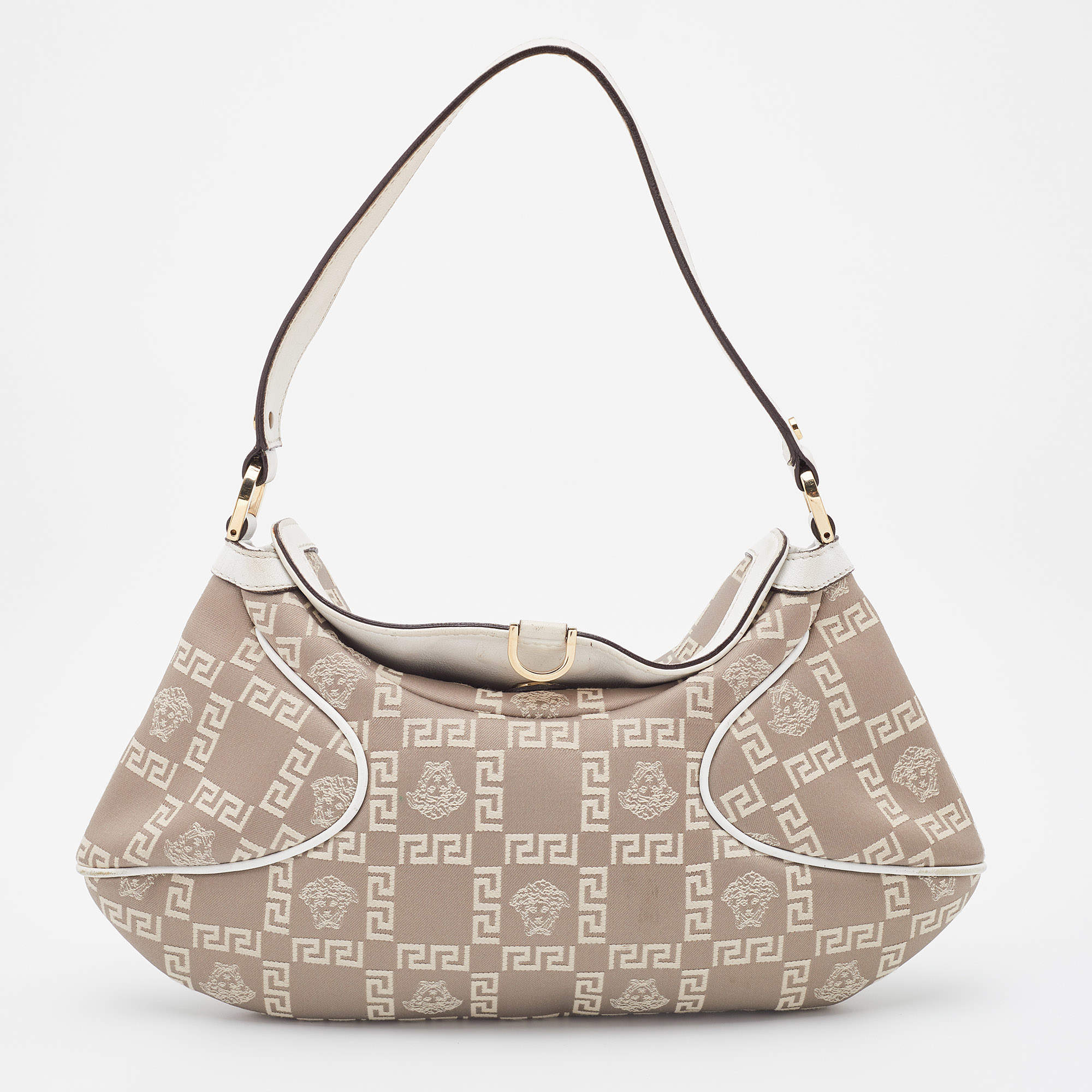 Pre Owned Versace Beige/White Signature Canvas and Leather Baguette