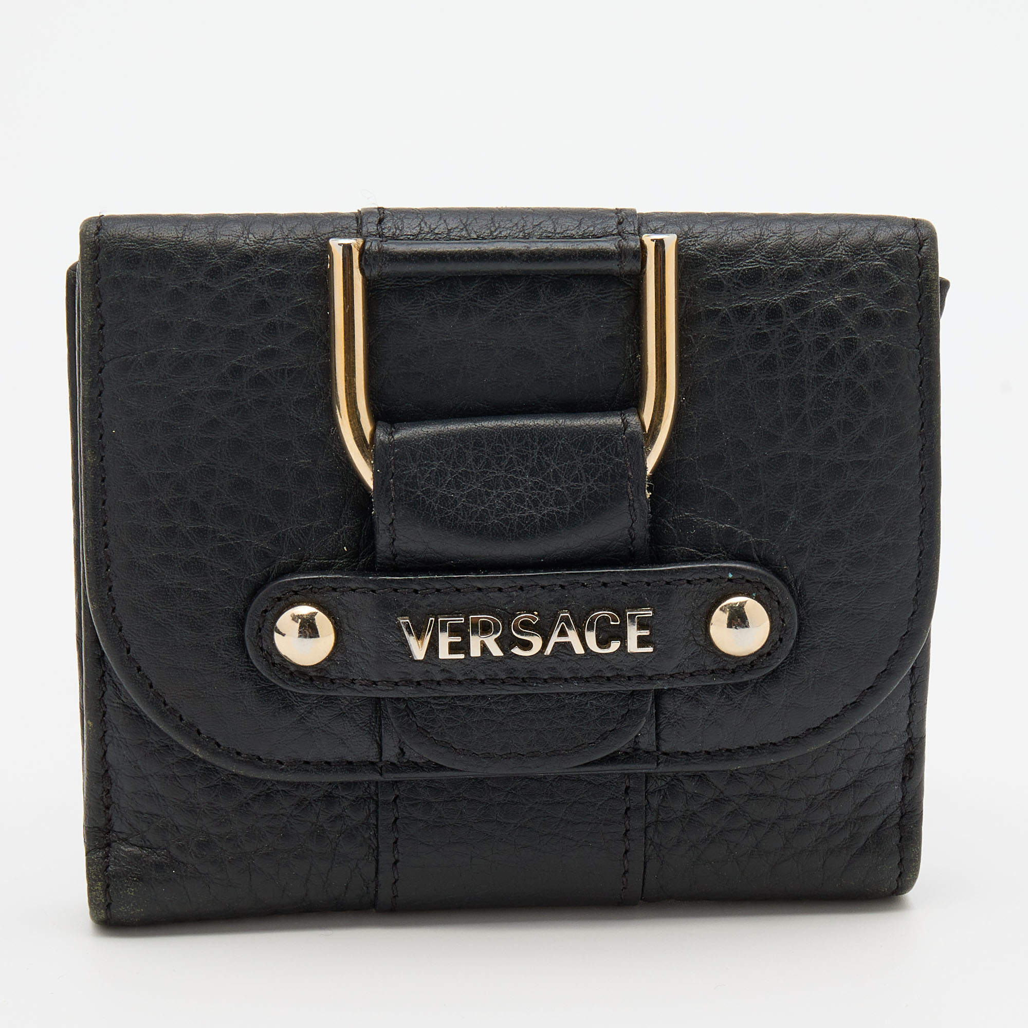 Pre Owned Versace Black Leather French Compact Wallet
