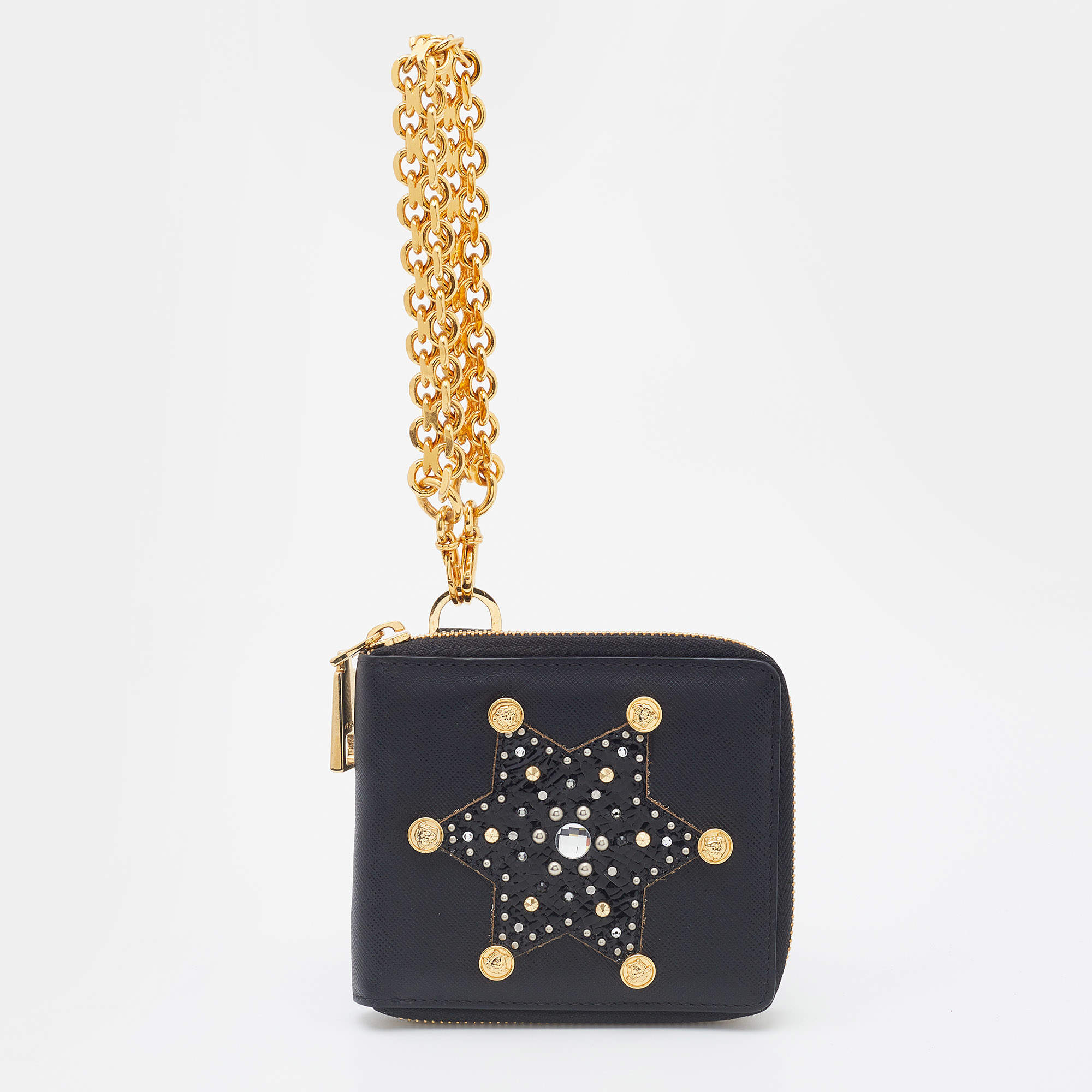 Pre Owned Versace Black Leather Embellished Zip Around Bifold Wallet