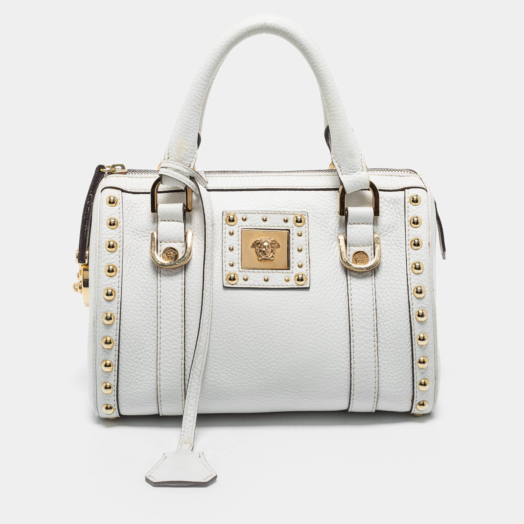Pre Owned Versace White Leather Small Snap Out Of It Satchel