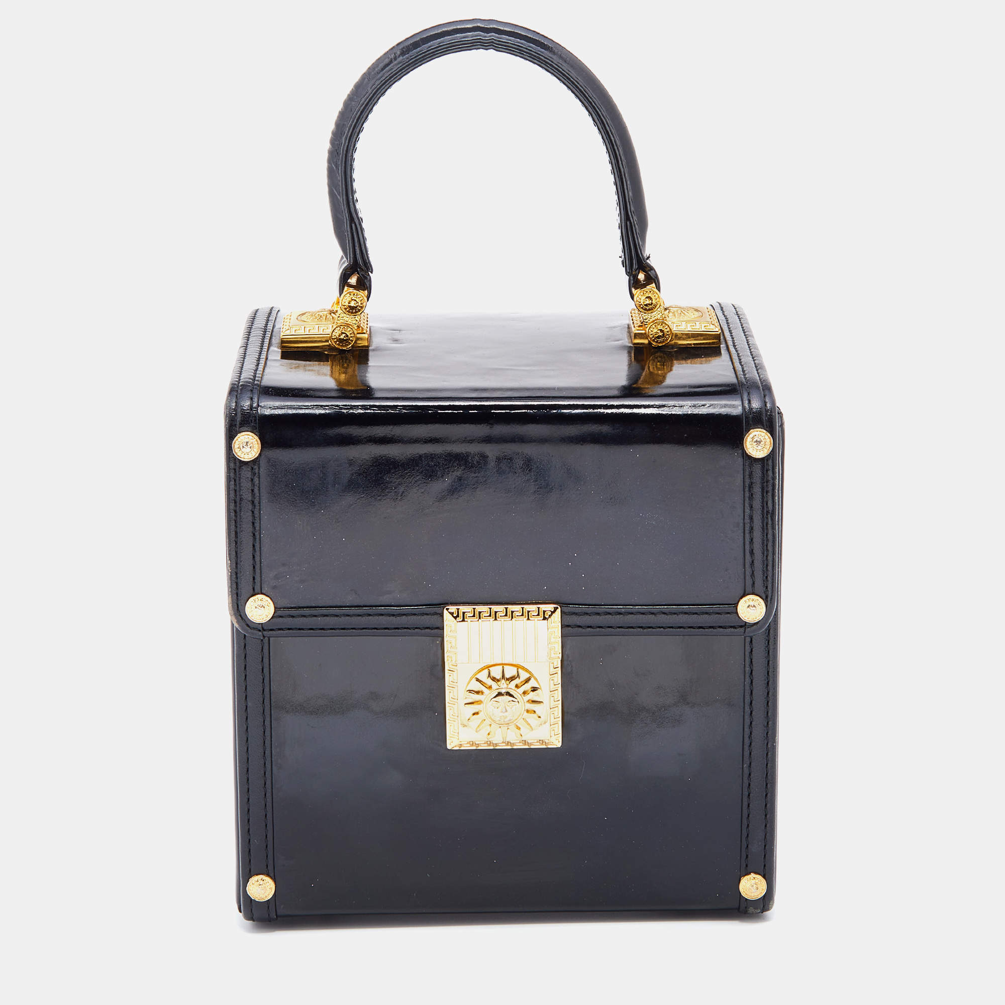 Versace Black Leather Vintage Sun Vanity Box Trunk Handle Bag