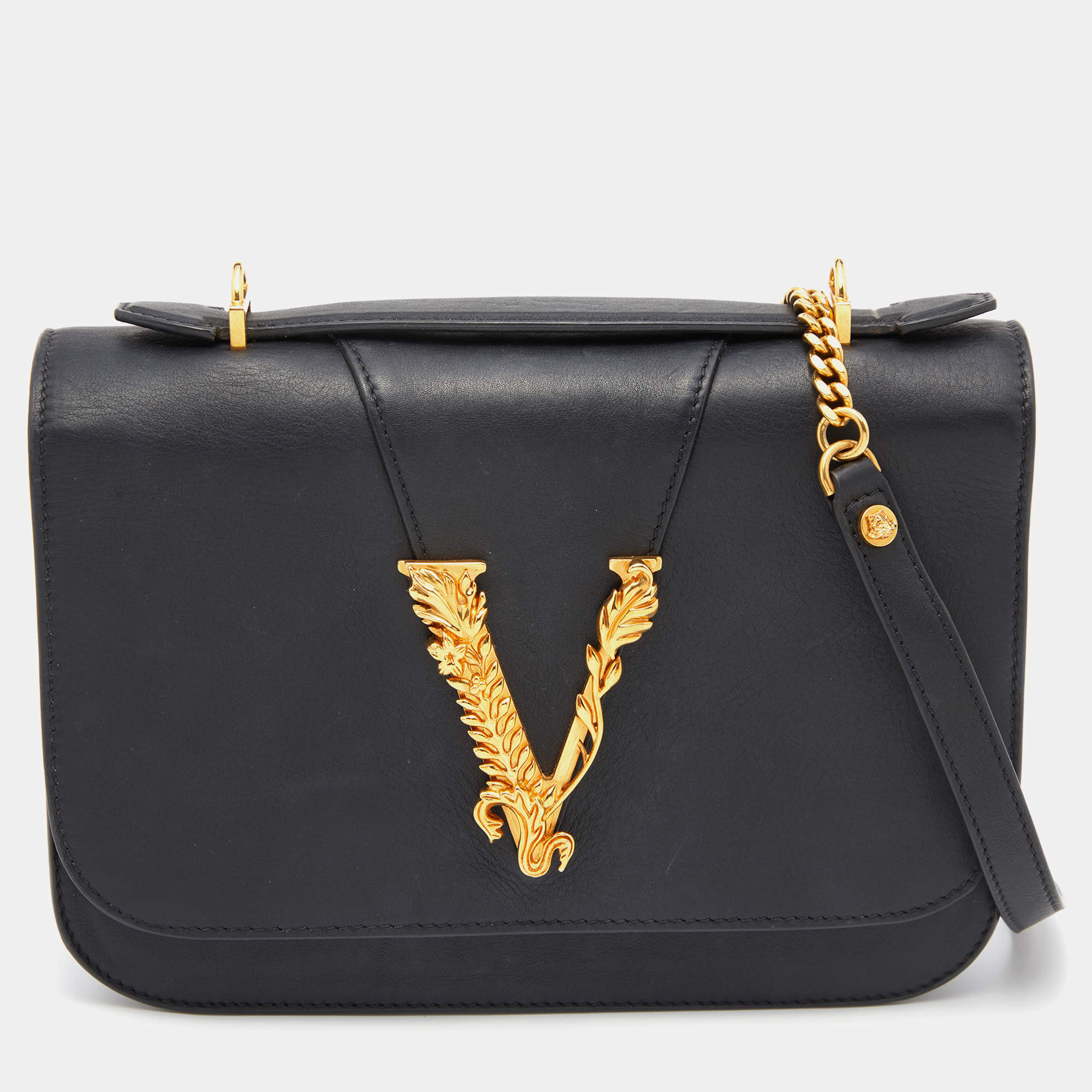 Versace Black Leather Small Virtus Flap Top Handle Bag